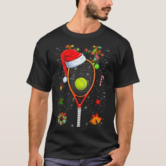 Funny Tennis Racket Reindeer Santa Hat Christmas L T-Shirt (Front)