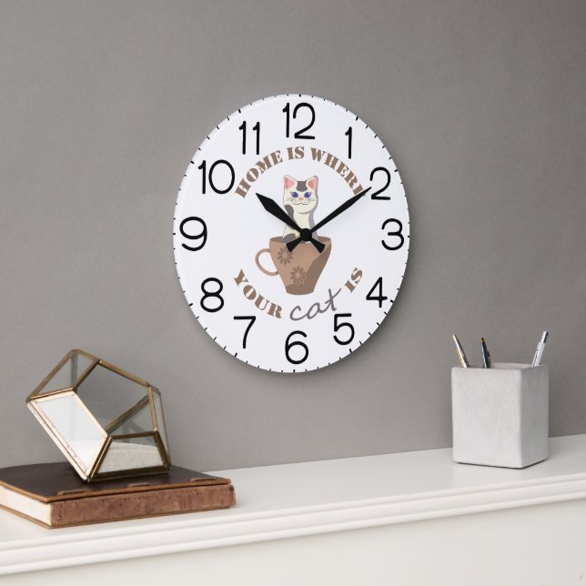 Funny text Home is where your cat is in cup Large Clock (Office)