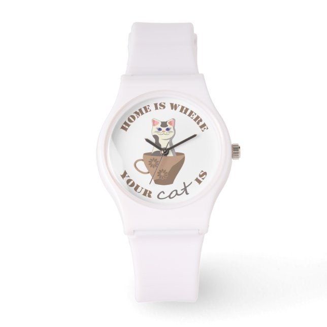 Funny text Home is where your cat is in cup Watch (Front)