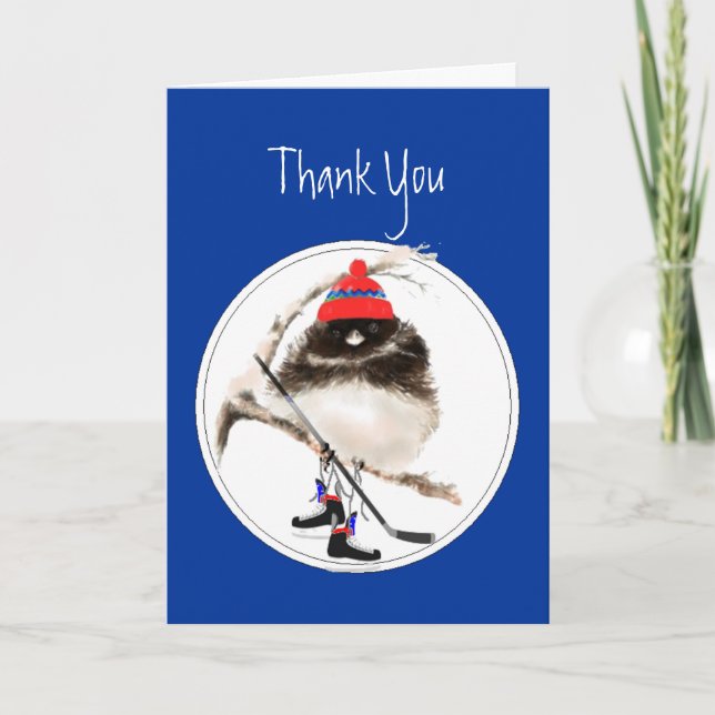 Funny, Thank You, Ice Hockey Winter Sport Bird Thank You Card (Front)