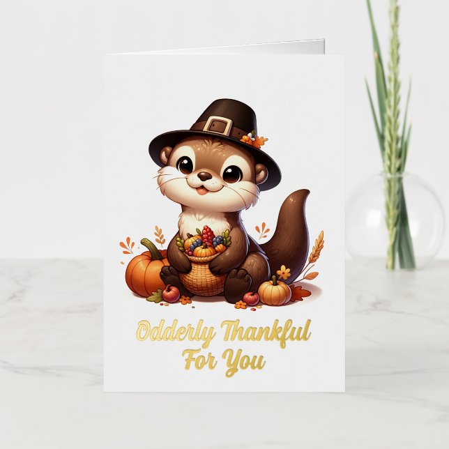 Funny Thankful Otter Friend Thanksgiving Foil Greeting Card (Front)