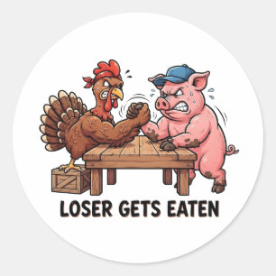 Funny Thanksgiving Arm Wrestling Turkey and Pig Classic Round Sticker