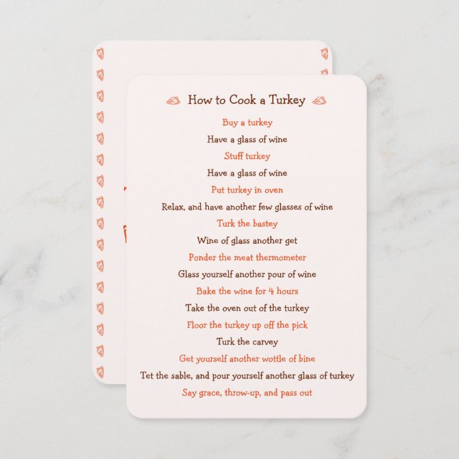 Funny Thanksgiving Card How To Roast Turkey Recipe (Front/Back)