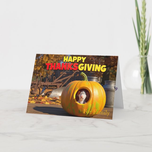 Funny Thanksgiving Card with Rat and Pumpkin (Front)
