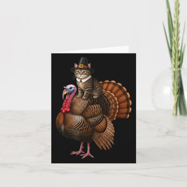 Funny Thanksgiving Cat On Turkey, Lgrim Hat Turkey Card (Front)