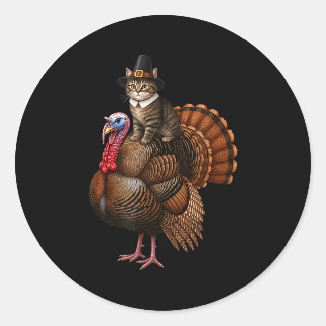 Funny Thanksgiving Cat On Turkey, Lgrim Hat Turkey Classic Round Sticker (Front)