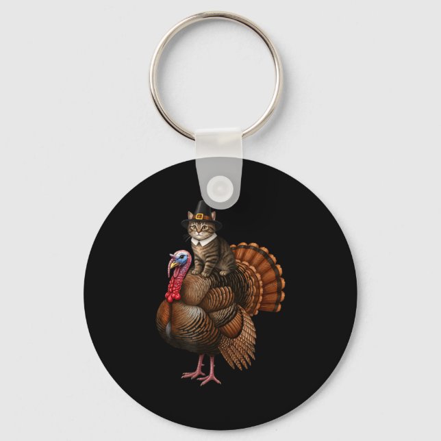 Funny Thanksgiving Cat On Turkey, Lgrim Hat Turkey Key Ring (Front)