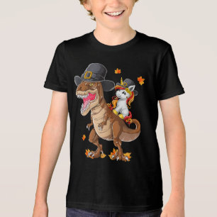 Funny Thanksgiving Cute Unicorn Riding Dinosaur Tri-Blend Shirt