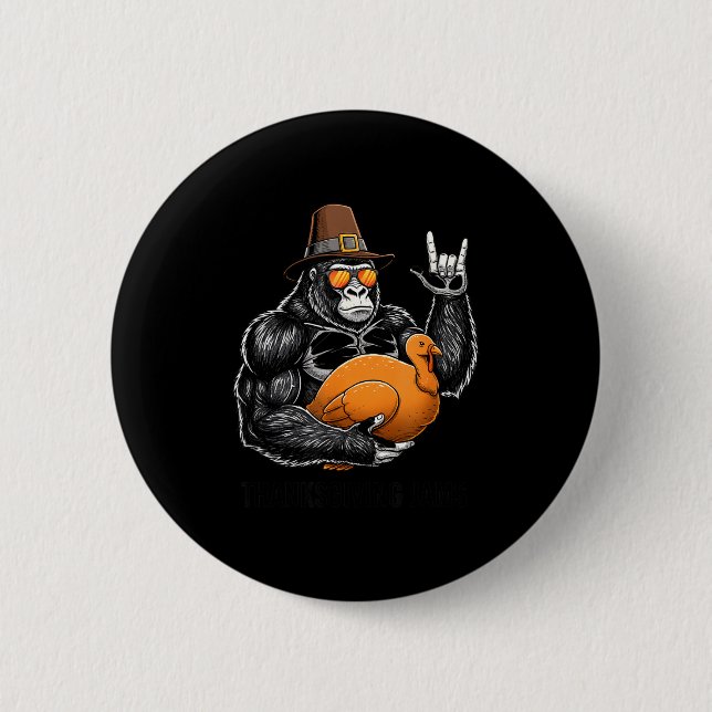 Funny Thanksgiving Gorilla Holding Turkey Lgrim Ha 6 Cm Round Badge (Front)