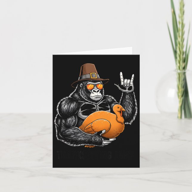 Funny Thanksgiving Gorilla Holding Turkey Lgrim Ha Card (Front)