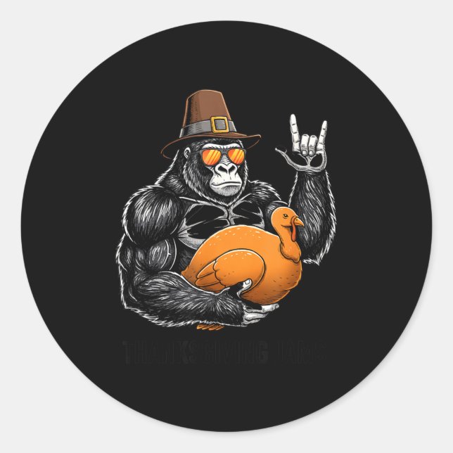 Funny Thanksgiving Gorilla Holding Turkey Lgrim Ha Classic Round Sticker (Front)