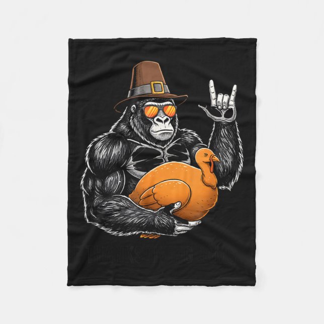 Funny Thanksgiving Gorilla Holding Turkey Lgrim Ha Fleece Blanket (Front)