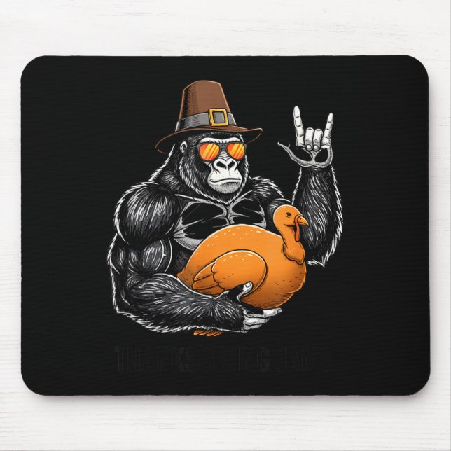 Funny Thanksgiving Gorilla Holding Turkey Lgrim Ha Mouse Mat (Front)