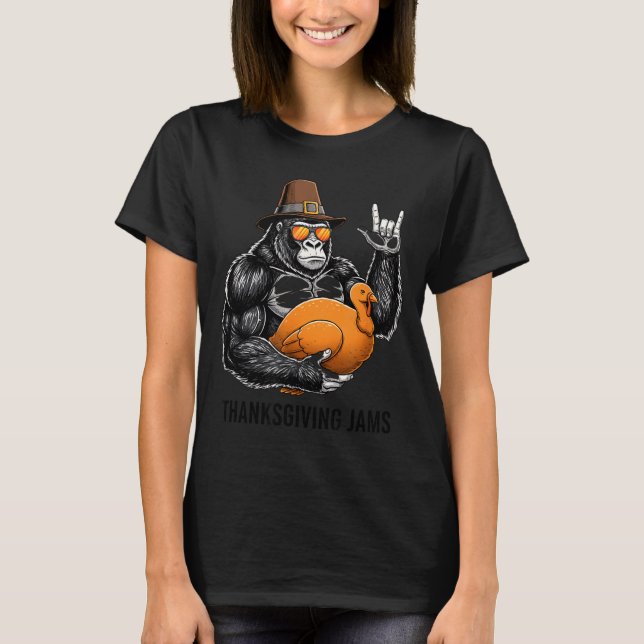 Funny Thanksgiving Gorilla Holding Turkey Lgrim Ha T-Shirt (Front)