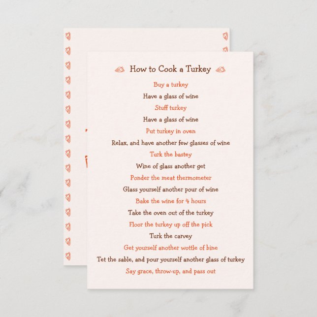Funny Thanksgiving How To Roast Turkey Recipe Card (Front/Back)