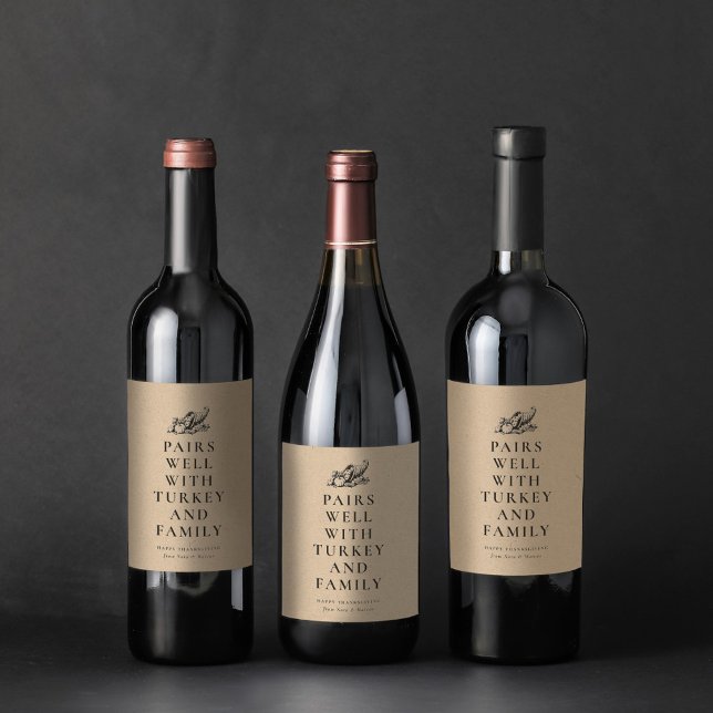 Funny Thanksgiving pairs well with family Wine Label (Creator Uploaded)