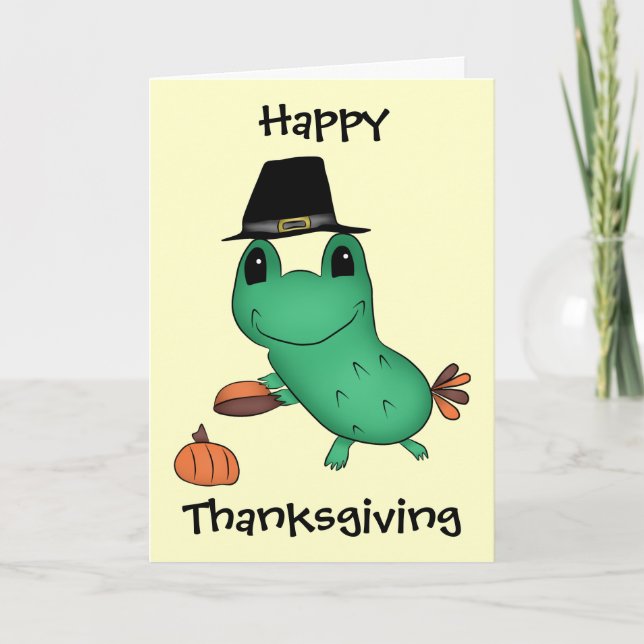 Funny Thanksgiving pilgrim frog Holiday Card (Front)