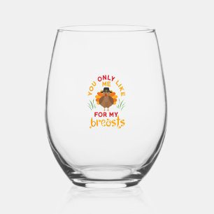 Funny Thanksgiving Pilgrim Turkey  Stemless Wine Glass