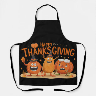 Funny Thanksgiving Pumpkins in Witch Hats Cartoon Apron