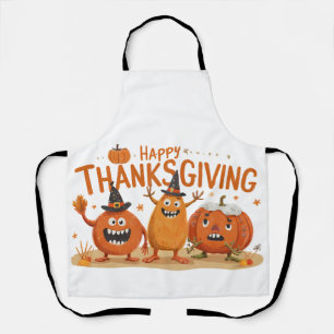 Funny Thanksgiving Pumpkins in Witch Hats Cartoon Apron
