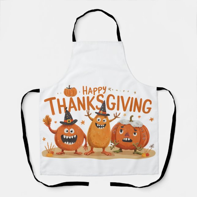Funny Thanksgiving Pumpkins in Witch Hats Cartoon  Apron (Front)