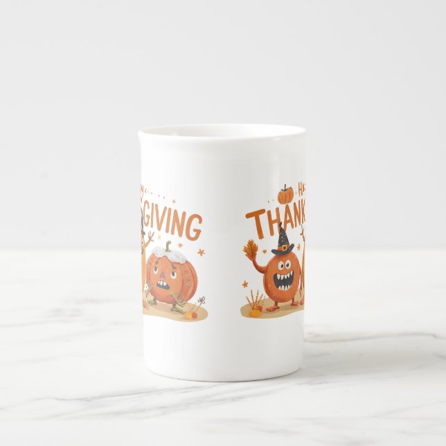 Funny Thanksgiving Pumpkins in Witch Hats Cartoon  Bone China Mug (Front)
