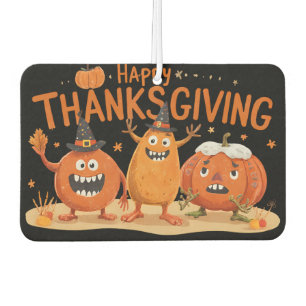 Funny Thanksgiving Pumpkins in Witch Hats Cartoon Car Air Freshener