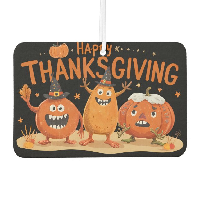 Funny Thanksgiving Pumpkins in Witch Hats Cartoon  Car Air Freshener (Front)