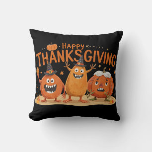 Funny Thanksgiving Pumpkins in Witch Hats Cartoon Cushion