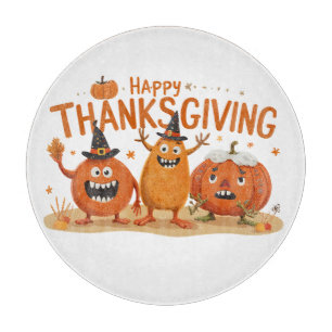 Funny Thanksgiving Pumpkins in Witch Hats Cartoon Cutting Board