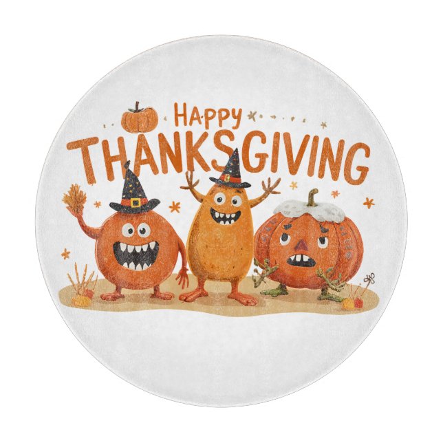 Funny Thanksgiving Pumpkins in Witch Hats Cartoon  Cutting Board (Front)