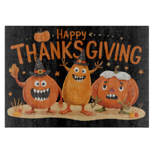 Funny Thanksgiving Pumpkins in Witch Hats Cartoon Cutting Board
