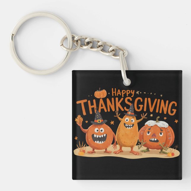 Funny Thanksgiving Pumpkins in Witch Hats Cartoon  Key Ring (Front)