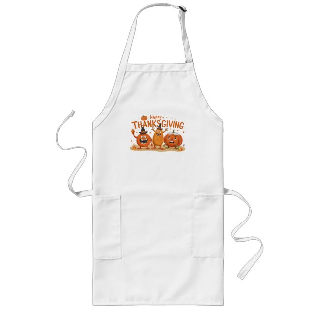 Funny Thanksgiving Pumpkins in Witch Hats Cartoon  Long Apron (Front)