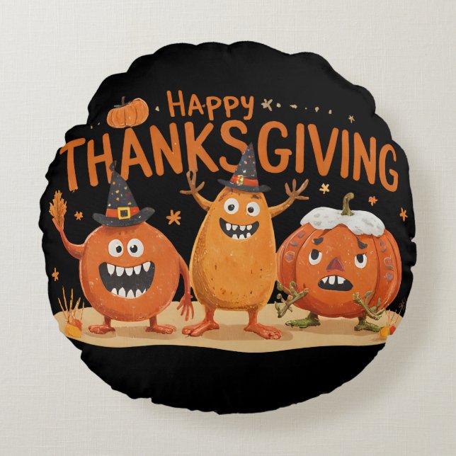 Funny Thanksgiving Pumpkins in Witch Hats Cartoon  Round Cushion (Front)