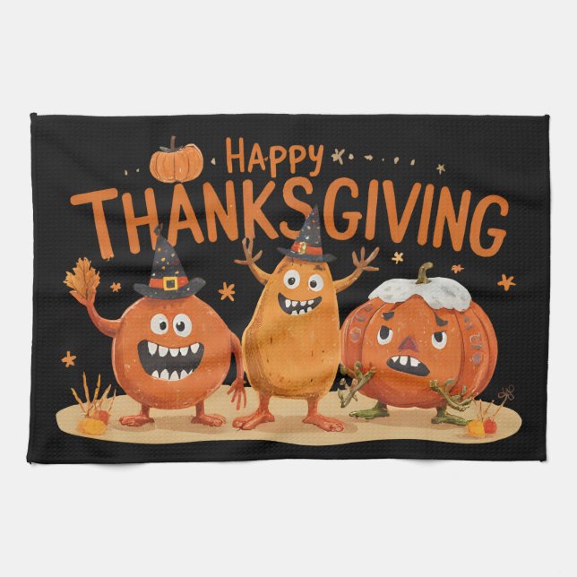 Funny Thanksgiving Pumpkins in Witch Hats Cartoon  Tea Towel (Horizontal)