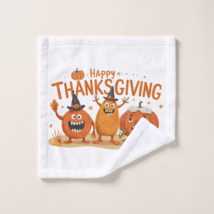 Funny Thanksgiving Pumpkins in Witch Hats Cartoon Wash Cloth