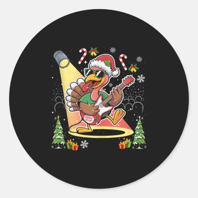 Funny Thanksgiving Santa Hat Turkey Rock Star Play Classic Round Sticker (Front)