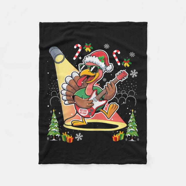Funny Thanksgiving Santa Hat Turkey Rock Star Play Fleece Blanket (Front)