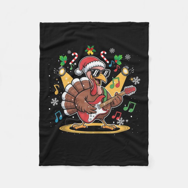 Funny Thanksgiving Santa Hat Turkey Rock Star Play Fleece Blanket (Front)