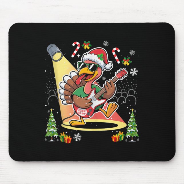 Funny Thanksgiving Santa Hat Turkey Rock Star Play Mouse Mat (Front)