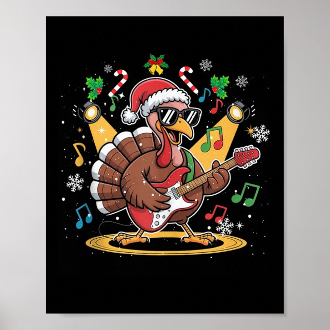 Funny Thanksgiving Santa Hat Turkey Rock Star Play Poster (Front)
