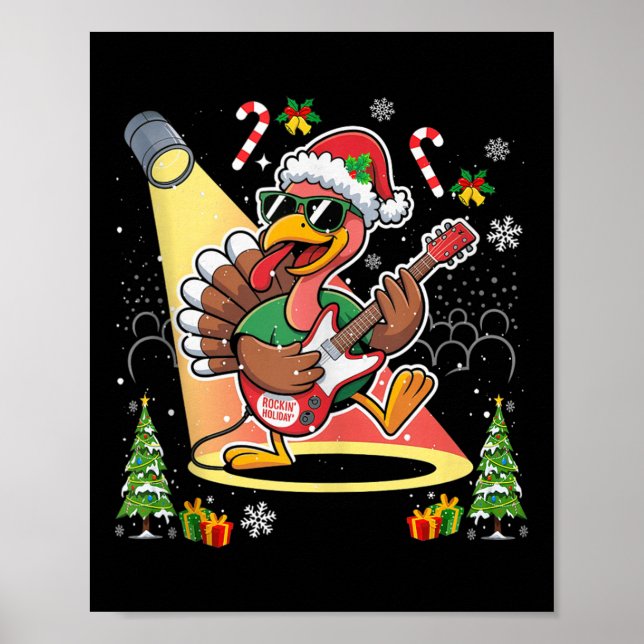 Funny Thanksgiving Santa Hat Turkey Rock Star Play Poster (Front)