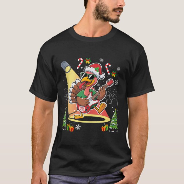 Funny Thanksgiving Santa Hat Turkey Rock Star Play T-Shirt (Front)