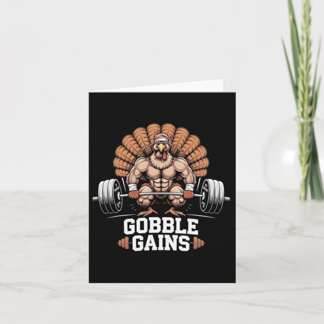Funny Thanksgiving Turkey Gobble Gains Gym Workout Card (Front)