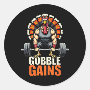 Funny Thanksgiving Turkey Gobble Gains Gym Workout Classic Round Sticker
