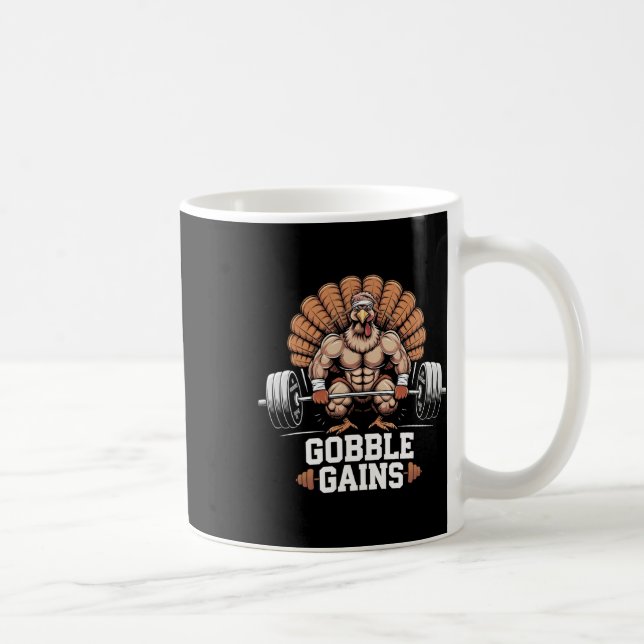 Funny Thanksgiving Turkey Gobble Gains Gym Workout Coffee Mug (Right)