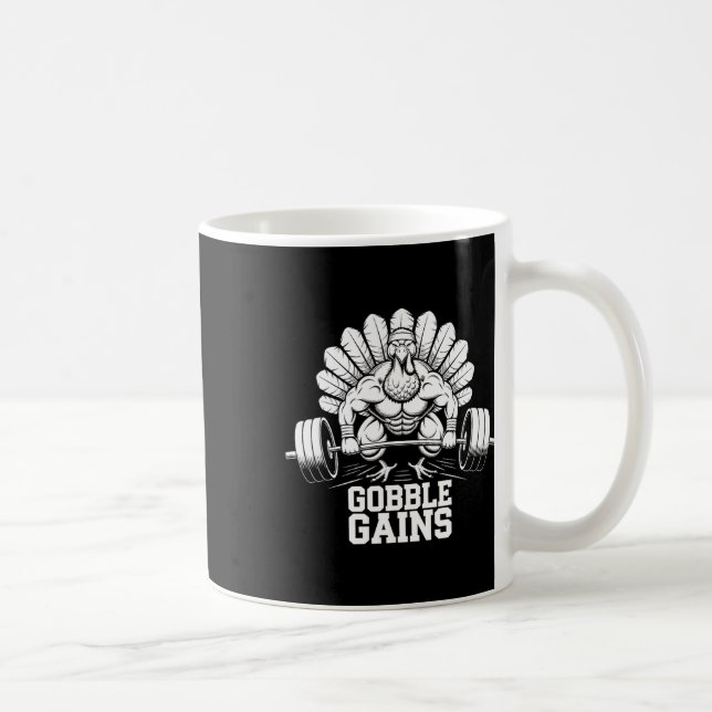 Funny Thanksgiving Turkey Gobble Gains Gym Workout Coffee Mug (Right)