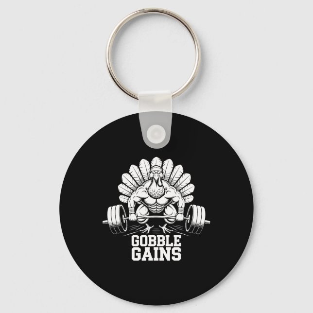 Funny Thanksgiving Turkey Gobble Gains Gym Workout Key Ring (Front)