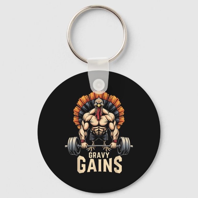 Funny Thanksgiving Turkey Gravy Gains Motivation G Key Ring (Front)